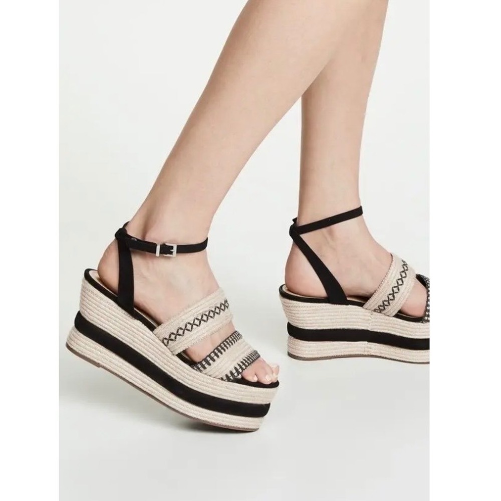 Schutz Denes Platform Espadrilles Black Cream Open Toe Sandal‎ 6.5 Summer Resort